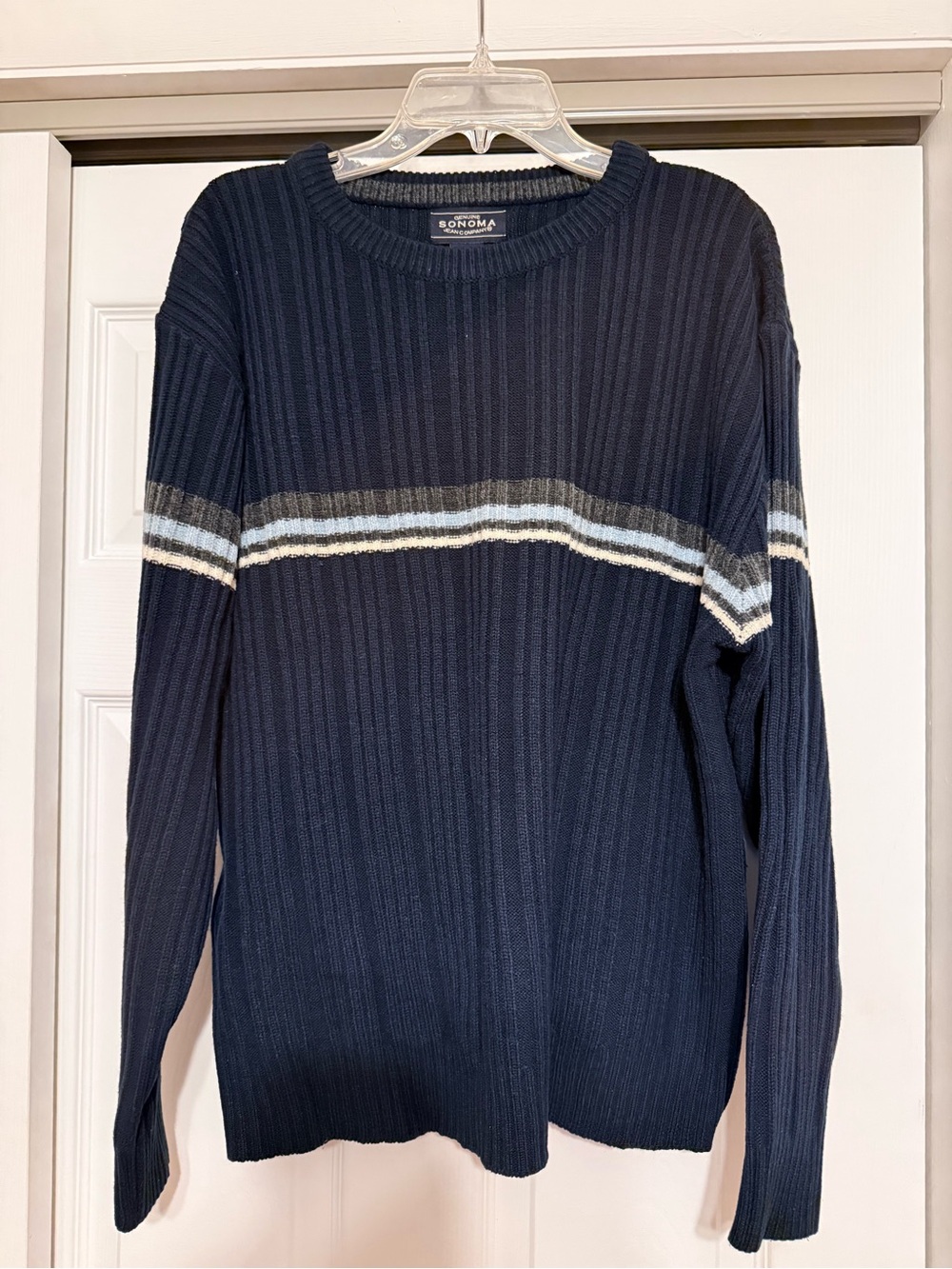 Sonoma Men’s Navy Ribbed Crewneck Sweater with Contrast Stripes - Size XL